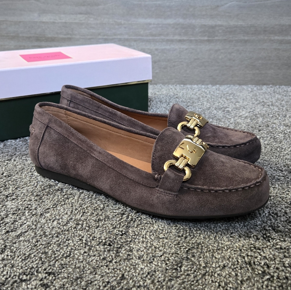 Kate Spade Carson Driving Loafers Brown Suede with Gold Buckle NEW size 10